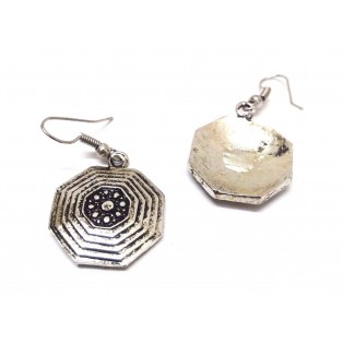 OCTAGON Silver Oxidized Earring - Hook Dangle Drop Long - Asian Novelty Tribal